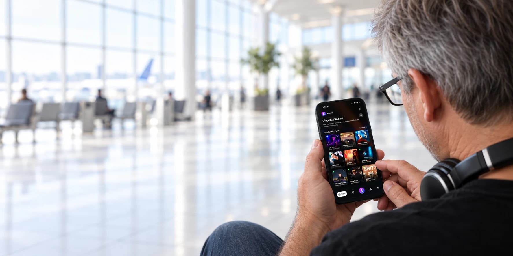 Over-the-shoulder illustration of Jack Skates looking at the Tribute app on his phone in an open airport terminal.